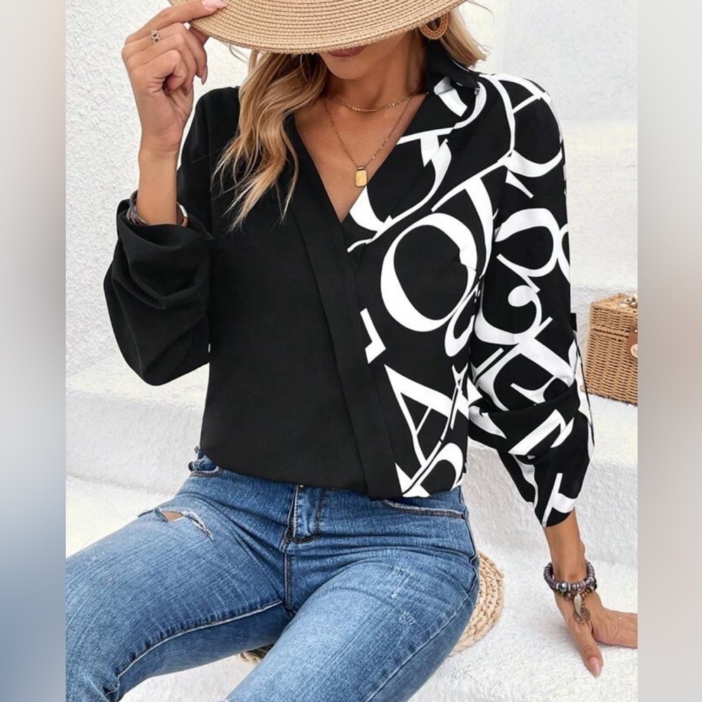 Shein Lune Colour Blocking Letter Print Top NWOT